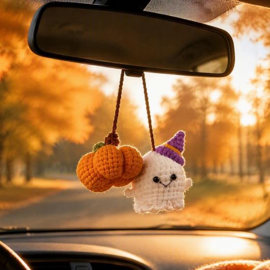 Hand Woven Woolen Ghost Decor Handmade Pumpkin Car Rear View Mirror Pendant, Cute Crochet Pendant Ornament Hanging for Halloween Auto Interior