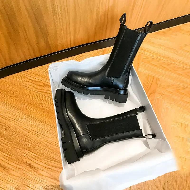 Klassikere Chelsea Boots Dame Svarte Ankelstøvletter Høst Vinter Sko Ekte skinn Platform Korte støvletter Slip on Elastisk bånd