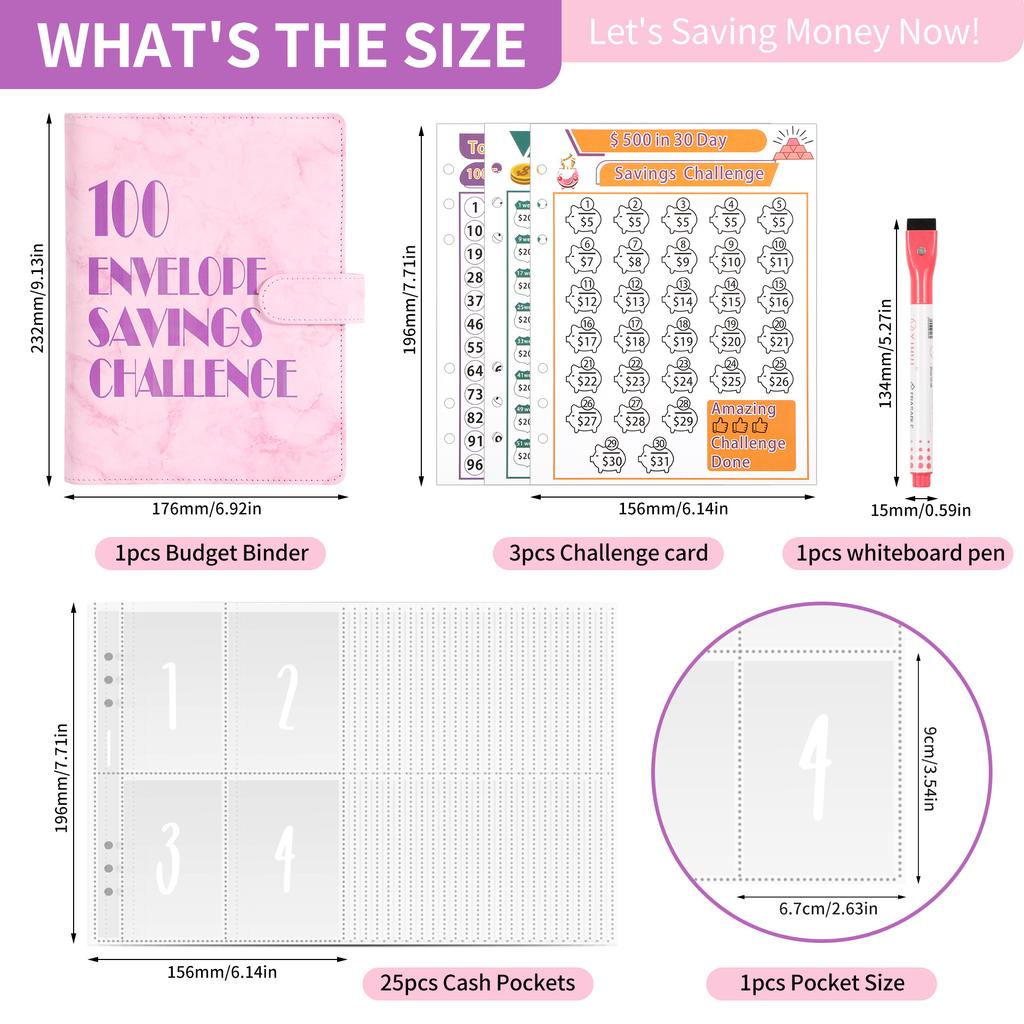 100 Envelope Money Savings Challenge Binder Set A5 PU Leather Students Notebook Marble Budget Binder with Cash Pockets