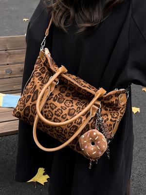 Sac bandoulière rétro coréen à imprimé léopard - Cabas d'épaule polyvalent et léger pour femmes