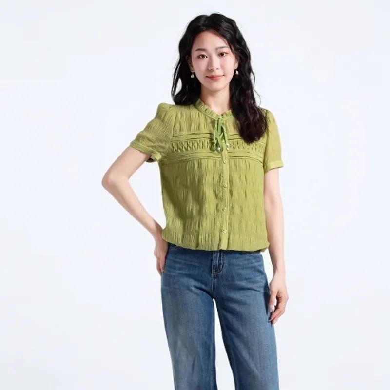 

Women s Lime Green Textured Blouse Short Sleeve Tie Neck Button Down Casual Top XL зелений