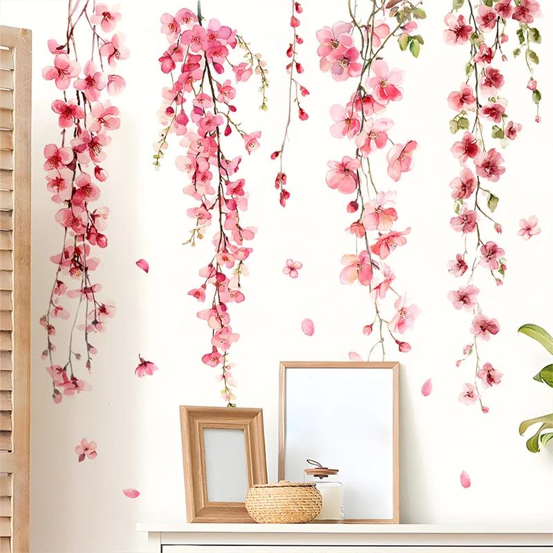 Beautiful Vine Pink Flower Wall Stickers for Living Room Bedroom Wall Decor Girl Room Decoration Children's Wall Decal Wallpaper