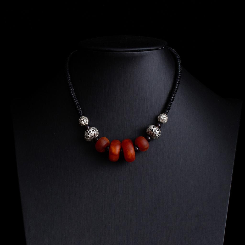 Vintage Zen Fashion Imitation Agate Pendant Necklace Collarbone Chain Couple Simple Ethnic Style Black Rope Chain Sweater Chain