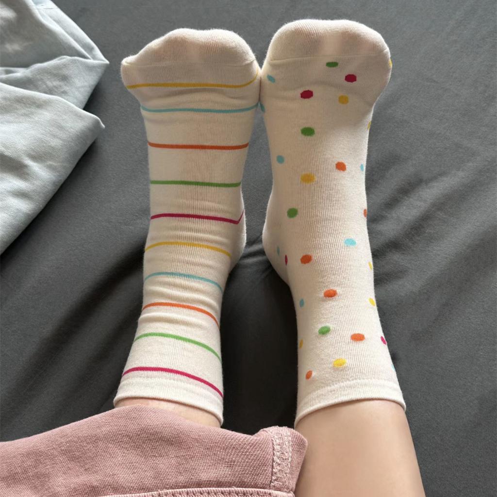 Color Dot Striped Socks, Simple And Fashionable Polka Dot Medium Tube Socks, Versatile College Style Socks For Women