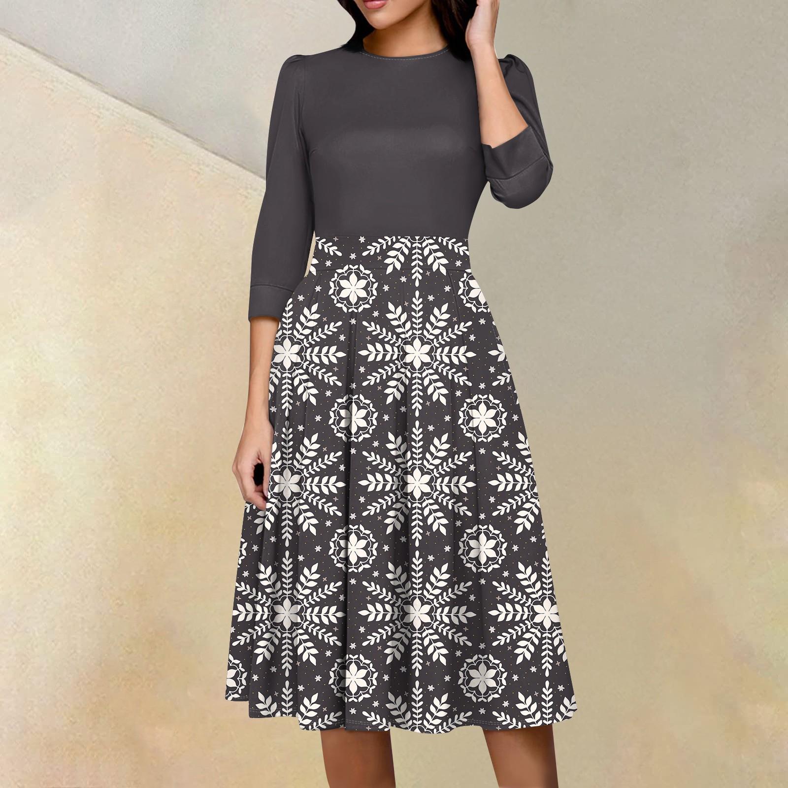 

Жіноча повсякденна та модна сукня з квітковим принтом із рукавом 3/4 із застібкою-блискавкою на спині S Темно-синій