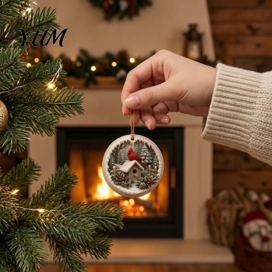 Acrylic Red Bird Pendant Christmas Ornament, Snow Scene Pattern Xmas Tree Pendants Hanging Decor, Retro Round for Winter Holiday Party Festive Decor