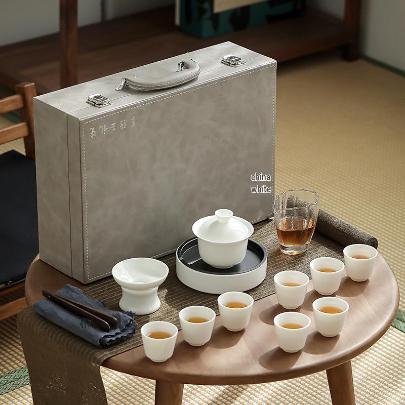 Ceramic Sancai Gaiwan & Teacup Set with Mutton Fat Jade, Customized Logo Option. Universal