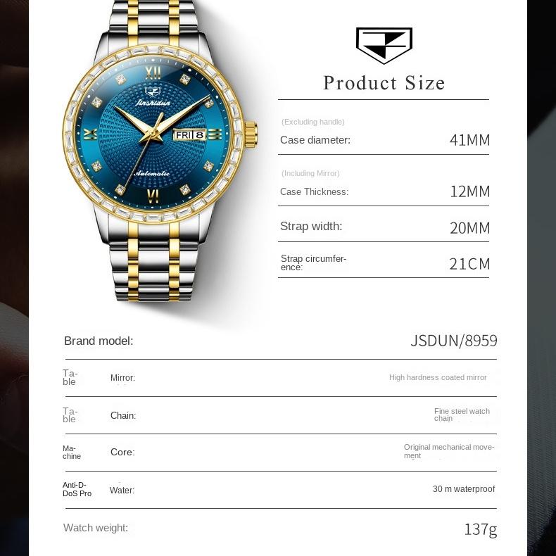 JINSHIDUN Marke Business Diamant Automatische Mechanische Uhr herren Business Wasserdichte herren Uhr herren Uhr