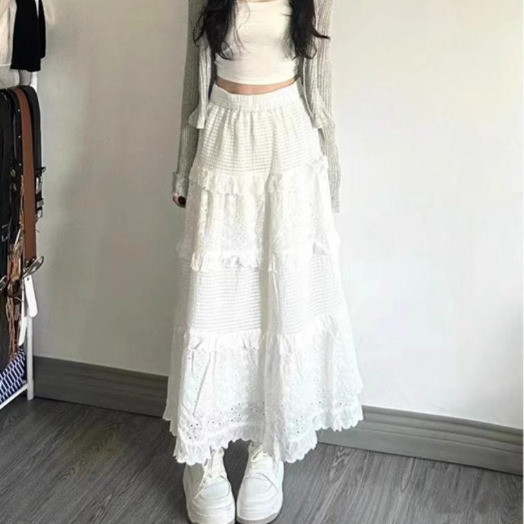 

Spring Summer Women Skirts Vintage High Waist Elastic Patchwork White Black Chic Long Cake A-line Skirt XL білий