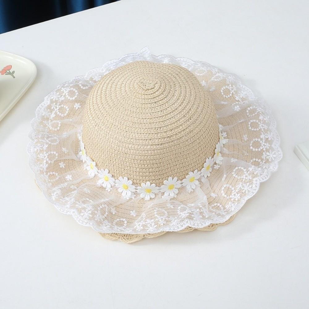 Wide Brim Straw Bag Cap Set Lace Sun Hat Sweet Fisherman Hat for 2-8 Years Kids