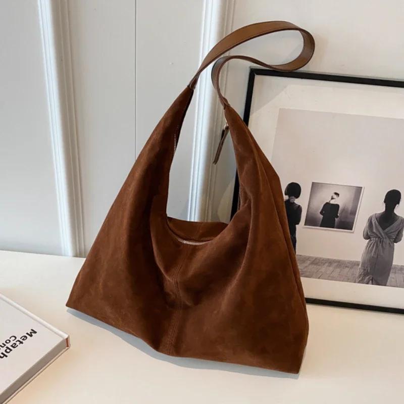 Vintage Suede Large Capacity Women Tote Bag Autumn Winter Commute Shoulder Crossbody Bags Trend Underarm Bags