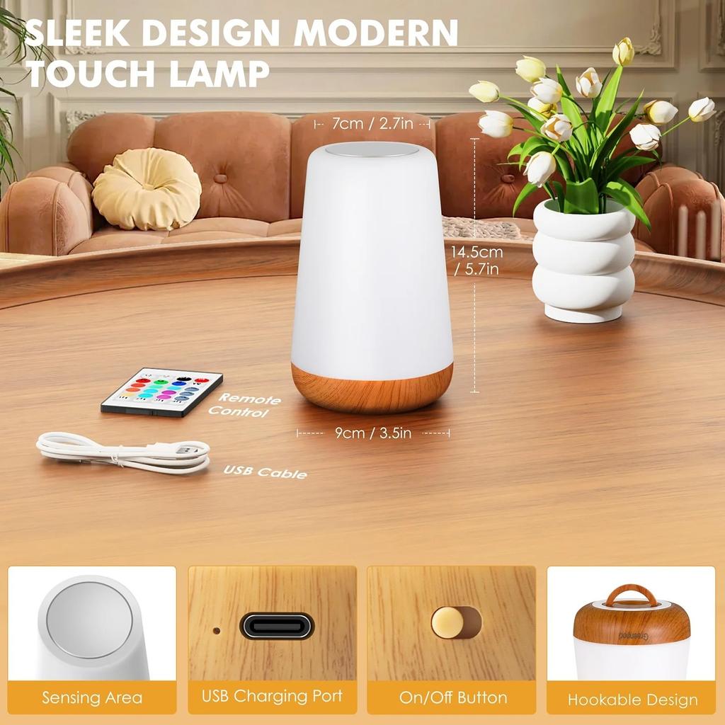 Night Light, Dimmable Touch Lamp for Bedroom, Portable Table Bedside Lamp, 5 Brightness 13 RGB Colors, Night Lights for Baby Nursery Bathroom