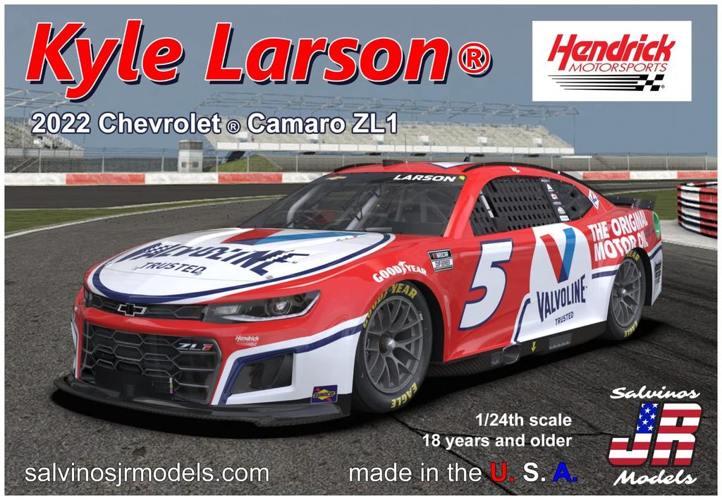 Salvinos Model Scale NASCAR 2022 Camaro ZL1 Hendrick Motorsports Kyle Larson Valvoline Plastic Model SJMHMC2022KLV Molded Color J.R. 1/24