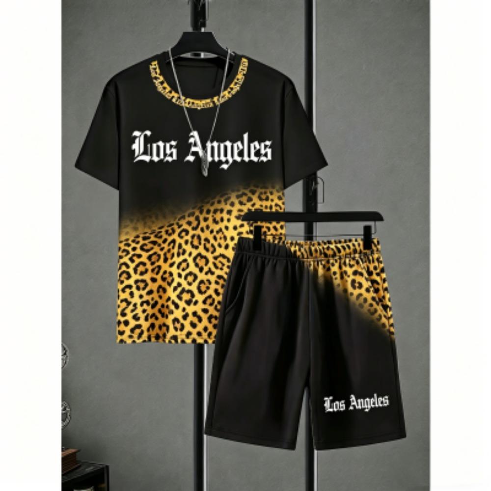 Men's Set Letter Leopard Printed Men's T-shirt and Shorts 2 Piece Set Summer Casual Outdoor Plus Size Men's and Women's T-shirt Sets