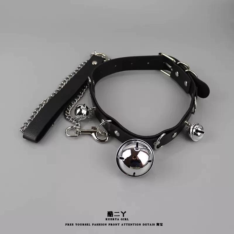 Long Bell Choker with Leash for Men Punk Necklace Adult Heavy Duty Collar