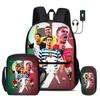 Ronaldo 3 Pcs Set School Bags Backpack with USB Interface CR Football Star Shoulder Bag Football Sports Pencil Bag Kids Rucksack