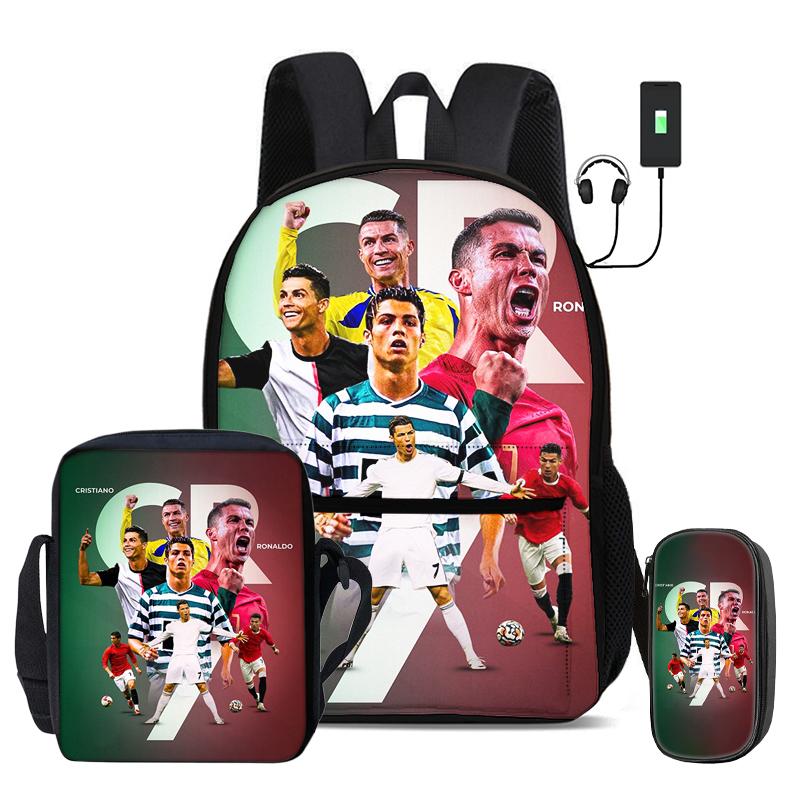 Ronaldo 3 Pcs Set School Bags Backpack with USB Interface CR Football Star Shoulder Bag Football Sports Pencil Bag Kids Rucksack