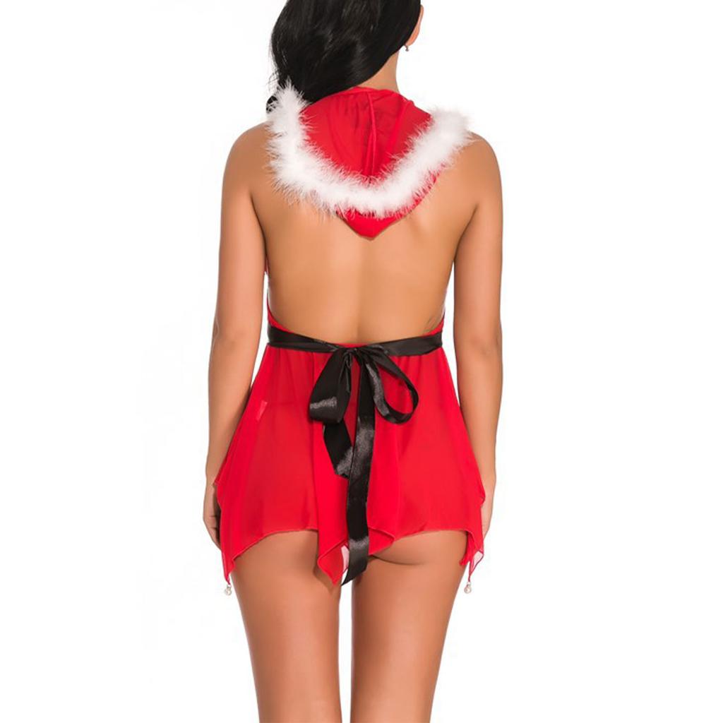 Women Christmas Cosplay Suit Irregular Hem Deep V Neck Role Playing Dress Hooded Backless Intimate Nightwear Red L