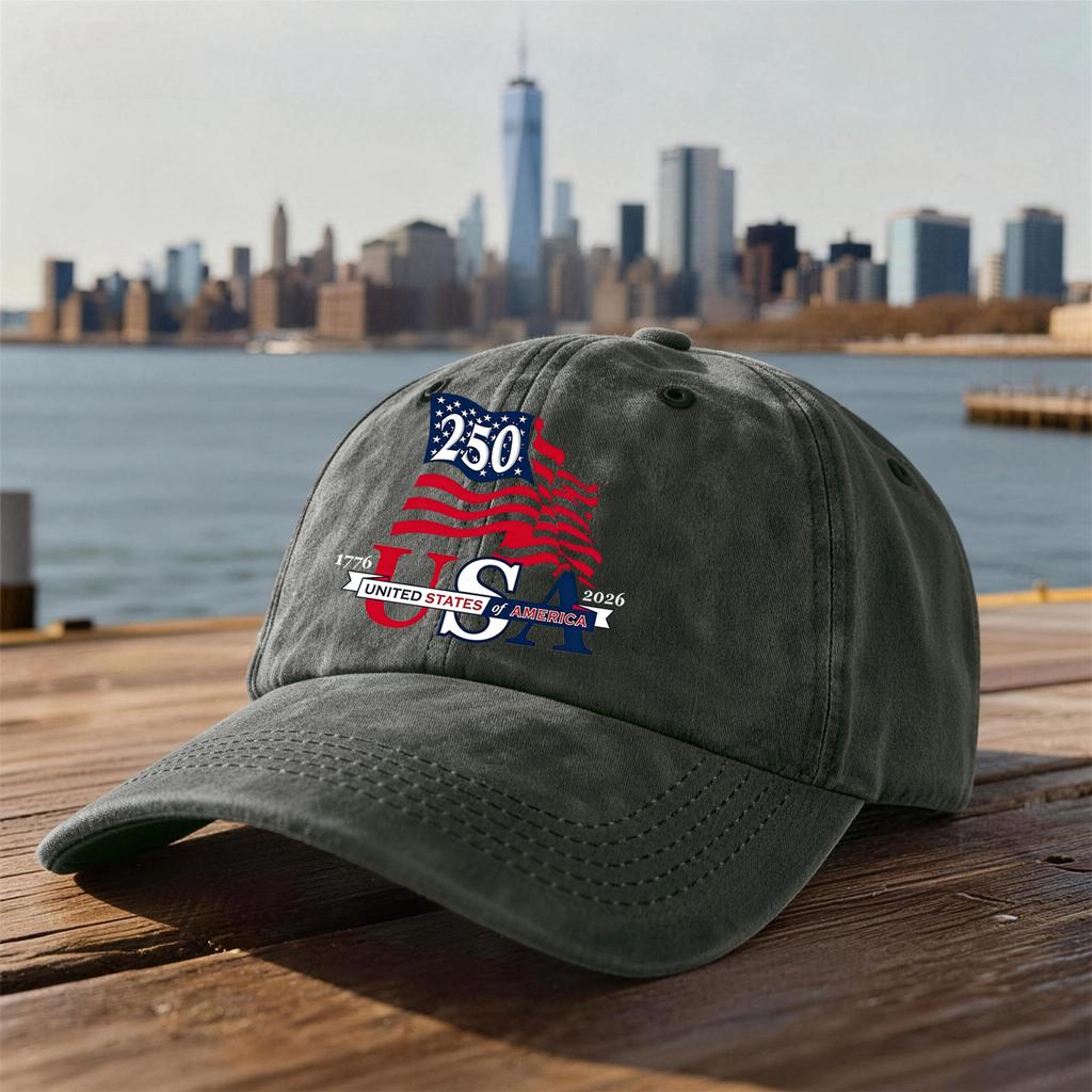 Adjustable Baseball Cap with Embroidered USA 250th Anniversary Flag Design Cotton Unstructured Dad Hat for Adults Men Women