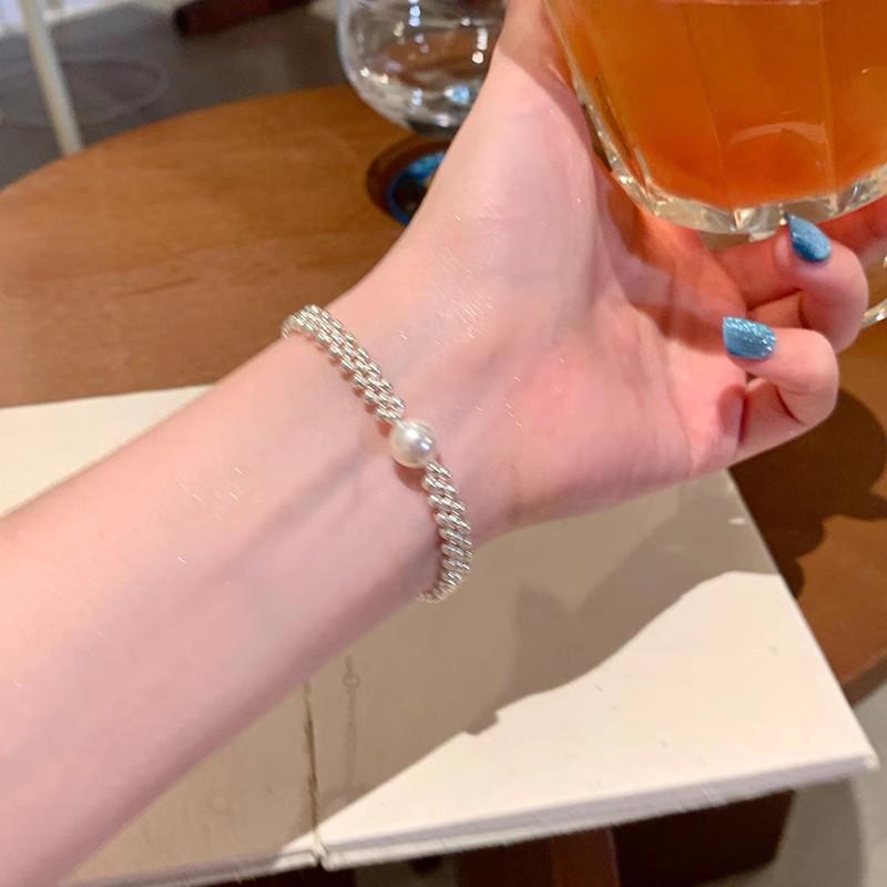 Korean Retro Pearl Titanium Steel Women's Bracelet - High-End Ins Style Beaded Bangle for Couples