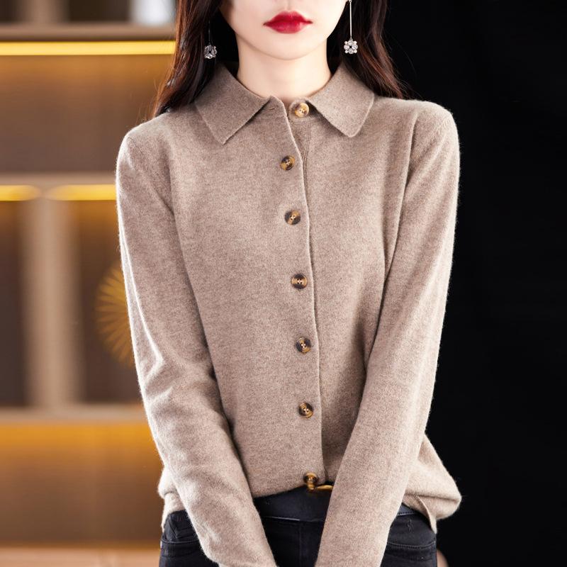 Women's POLO Neck Sweaters Fashion Cardigans Casual Solid Color Print Autumn Winter Long Sleeve