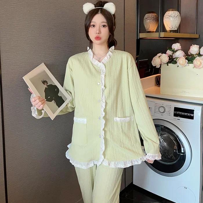 Cotton Pajamas Women Spring Fall Cute Thin Two-piece Suit Sweet Students Sleepwear Long Sleeve Loose Homewear