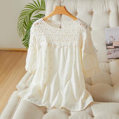Apricot Pin Lace Hollow Round Collar Shirt Summer New Style Lady Shirt