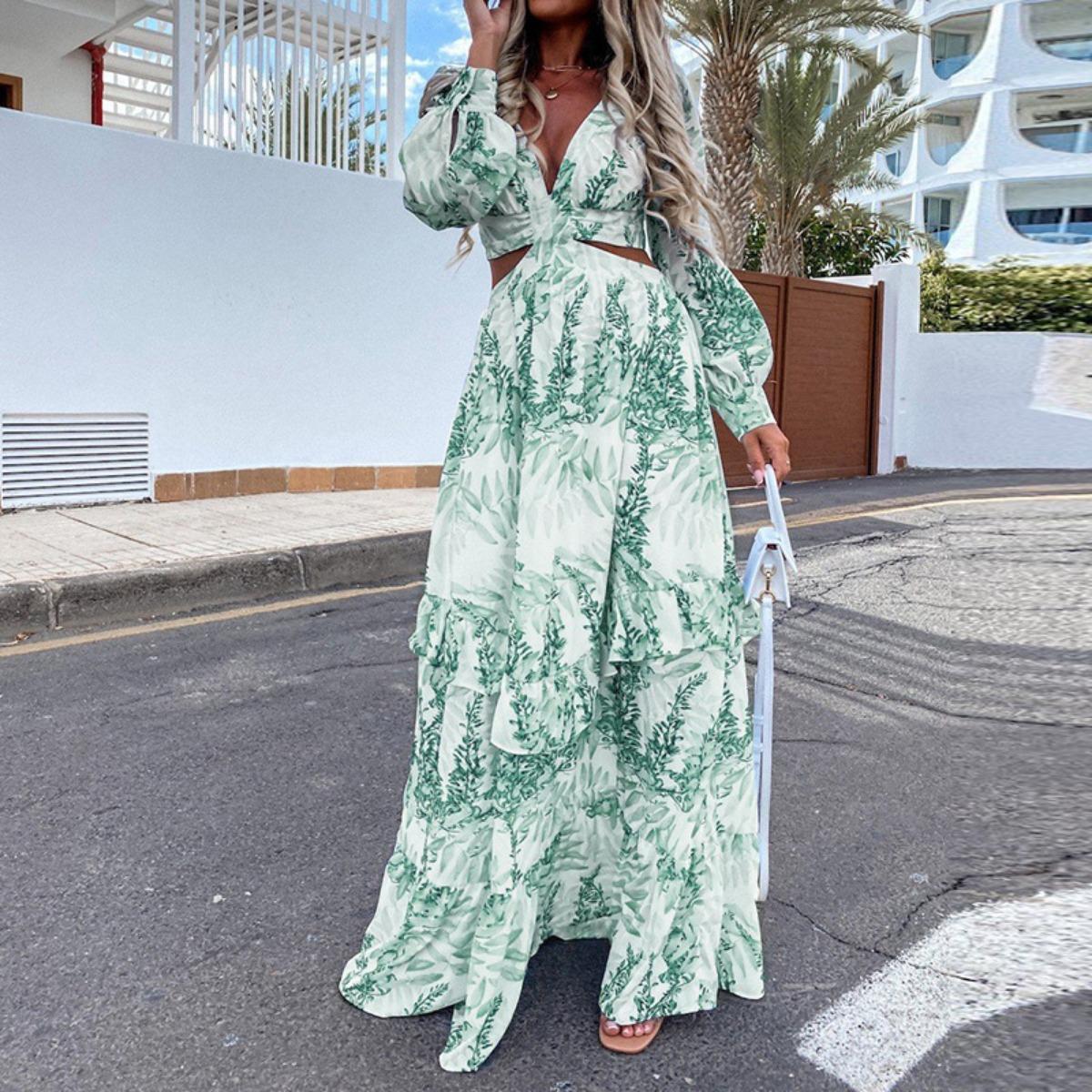 Spring New Arrival Women s Elegant French Style Print Patchwork Slim Fit Long Dress, European American Fashion Casual Party Dress 2XL зелёный