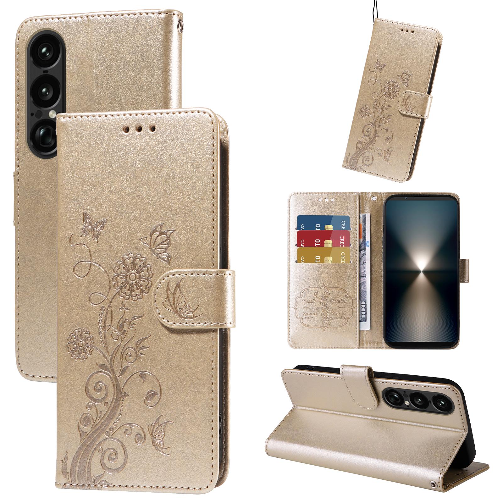 

For Sony Xperia 1 VII Leather Case Butterfly Floral Imprint Wallet Stand Cover Blue