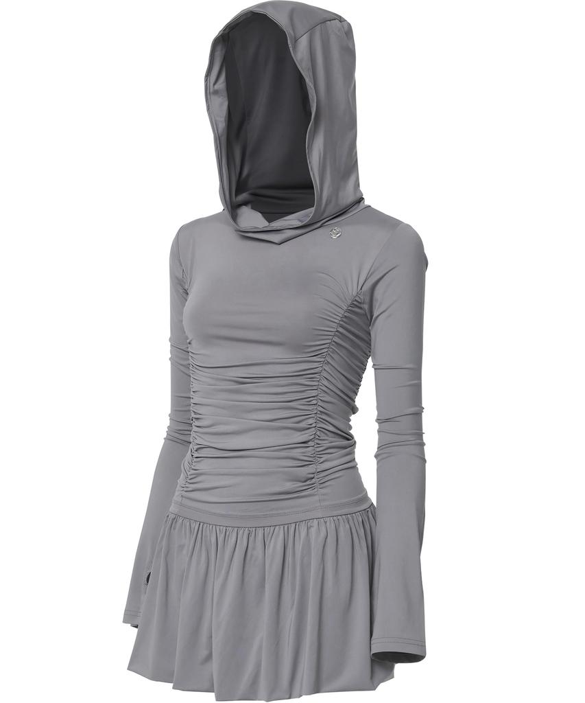 Peulleeoeob Hooded High Neck Long Dress (Fl-185_Gray)