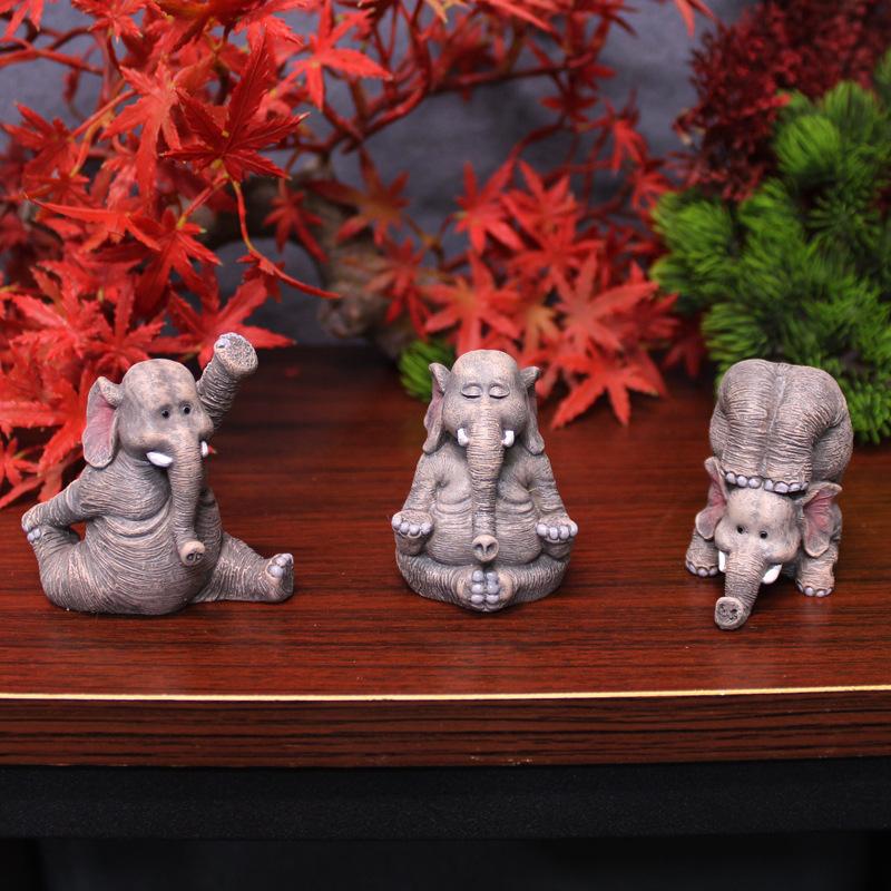 3PCS Creative Cute Yoga Elephant Ornament Garden Micro Landscape Crafts Desktop Elephant Decorations