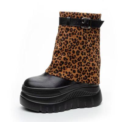 12cm Wintermode Moderne Damenstiefel Outdoor Warmhalten Plüsch Leder Damen Mid-Calf Kurze Stiefeletten Runde Zehen Leopardenschuhe