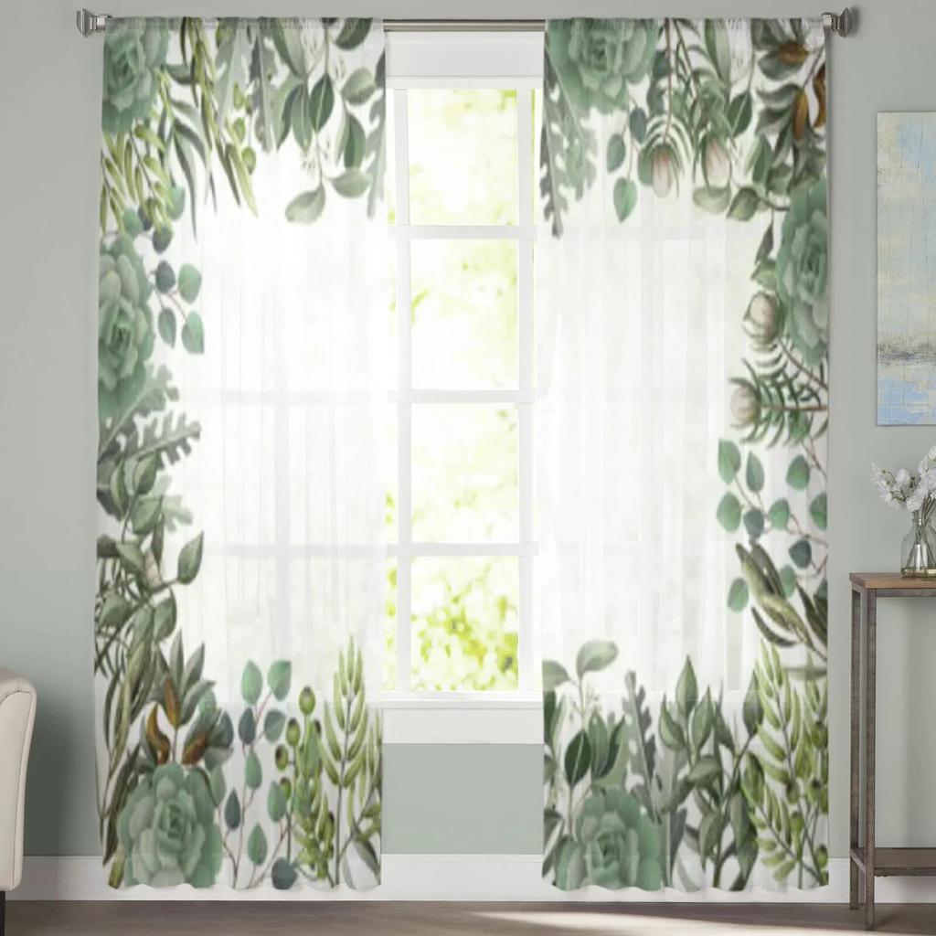 Leaves And Succulent Watercolor Style Sheer Curtains For Living Room Kids Bedroom Tulle Curtains Kitchen Window Treatment Drapes