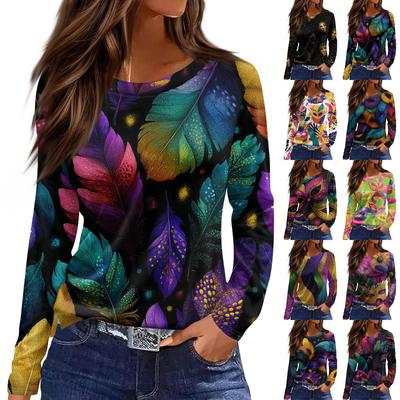 Damen Modisch Lässig Hals Langarm Saum Schlitz Karneval Print T-Shirt Top