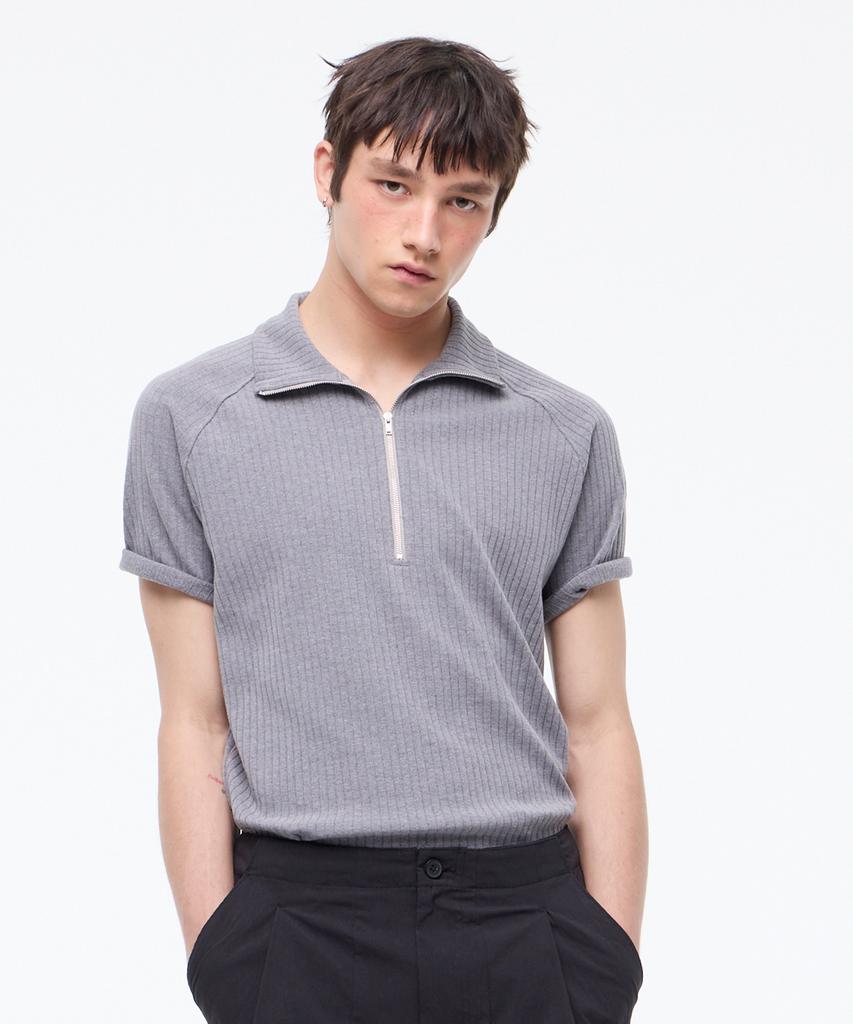 LEARVE Wide Ribbed Half Zip T-Shirt Gray