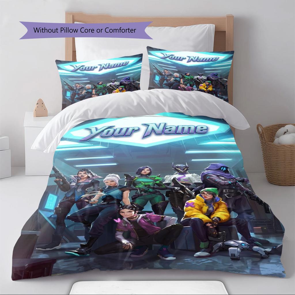 Name Custom Valorant Game Pattern Bedding Set Quilt Cover Pillowcase Home Decor Gift (1 * Duvet Cover + 2 * Pillowcase, Without Core)
