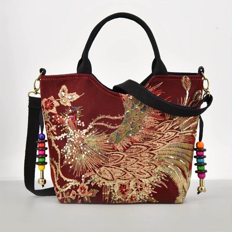 Bag Embroidery Large Capacity Shoulder Strap Messenger Bag, Retro Canvas Embroidery Shoulder Handbag Handbag