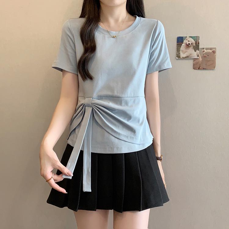 Plus Size Women s French Casual Round Neck Patchwork Ribbon Short Sleeve T-shirt XL синий