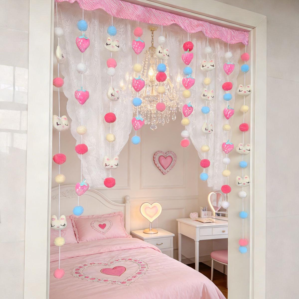 Sweet Strawberry Rabbit Pendant Curtain for Bedroom or Balcony Sweet Strawberry - Telescopic Rod Installation