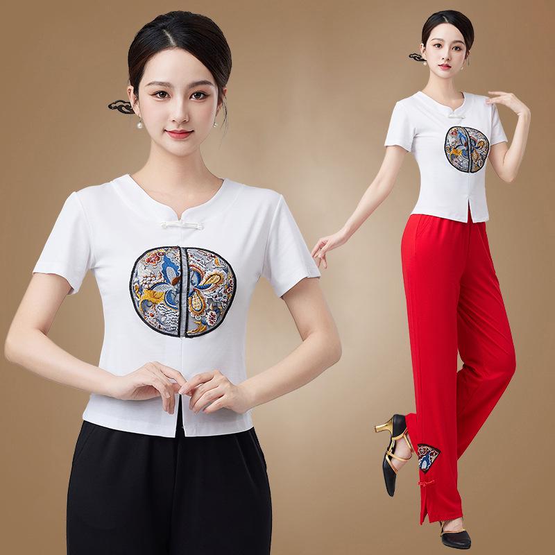2024 Women's Chinese Style Dancewear: Short Sleeve Fitness Casual Top