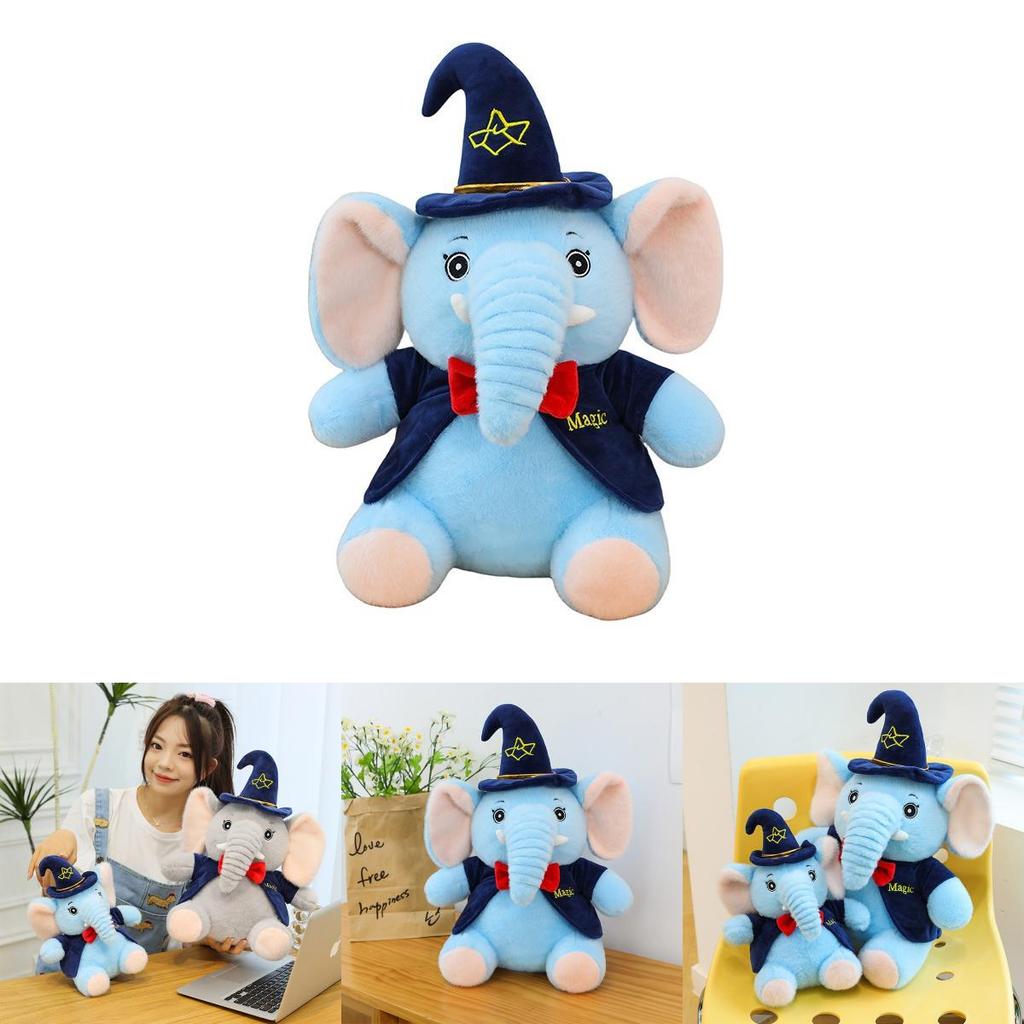 Plush Elephant Toy For Kids Soft Cartoon Sleeper Pillow With Wizard Hat And Bow Decor