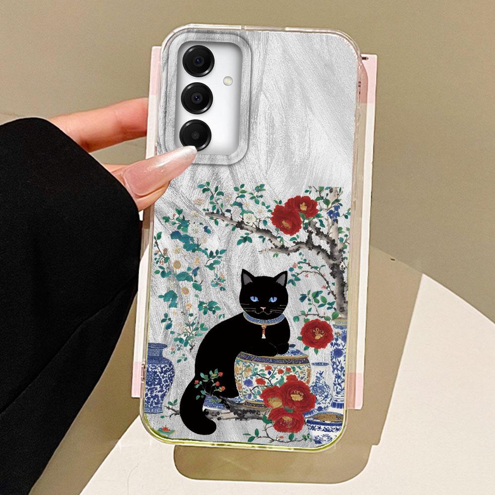 

White Porcelain Cat Flower Phone Case for Samsung Galaxy A55 A56 A36 A26 A16 A53 A06 A14 A24 A34 A54 A15 A25 A35 A13 A32 Cover Samsung Galaxy A24 4G білий