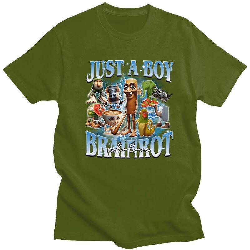 Just A Boy Brainrot Who Love Meme T Shirt for Men 100 Cotton Tshirt Casual Streetwaer Short Sleeve Tee Shirt Clothing Gift
