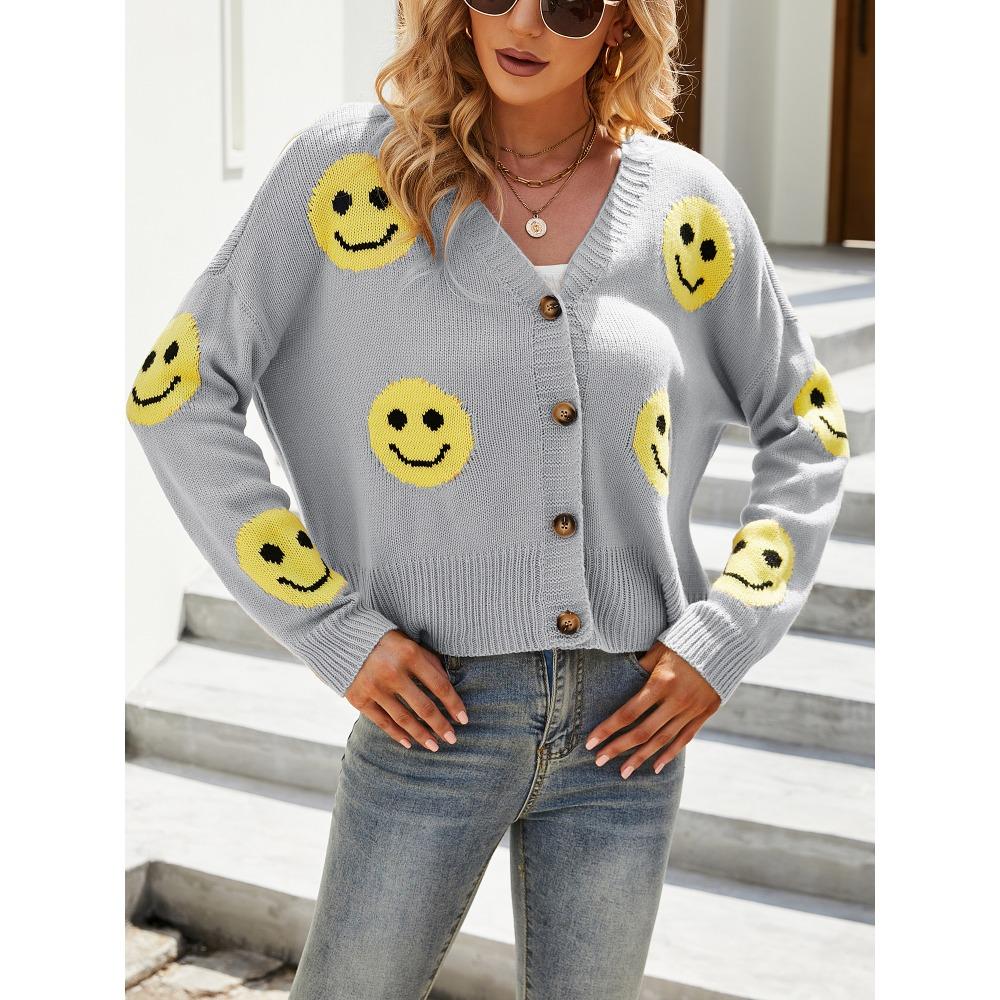 

Attraco Модный женский однотонный свободный длинный вязаный свитер, куртка с улыбающимся лицом, свитера, пальто s серый