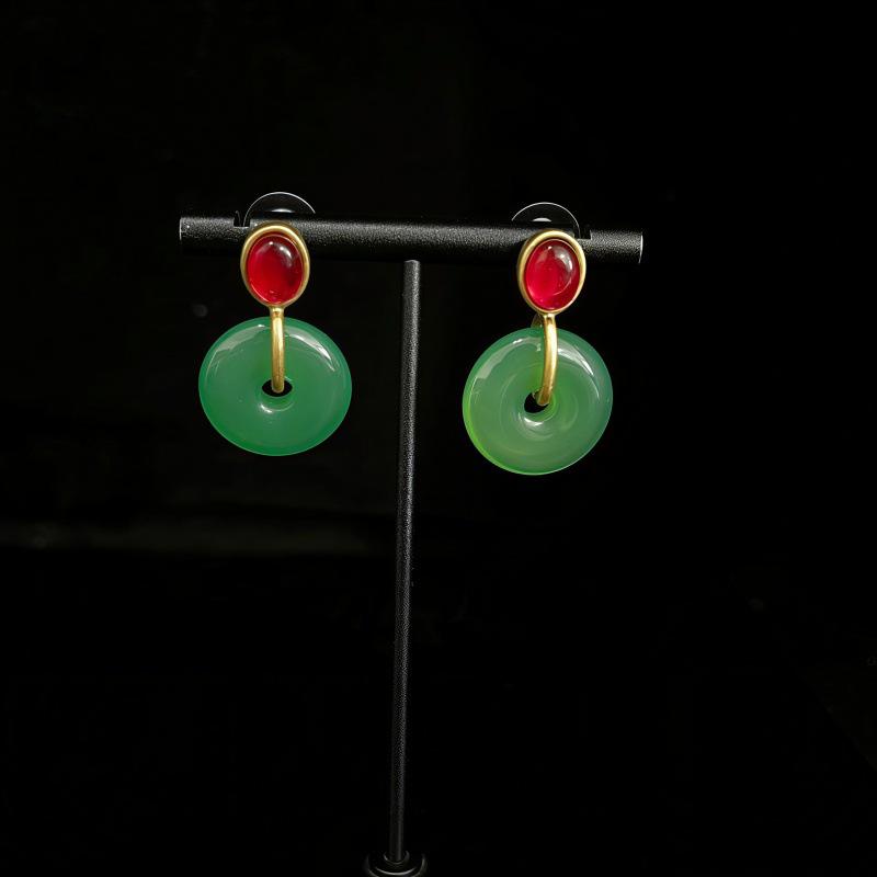 Elegant Ethnic Green Ping an Buckle Necklace  Earrings Set - Double Layer Retro Jewelry Perfect for Qipao