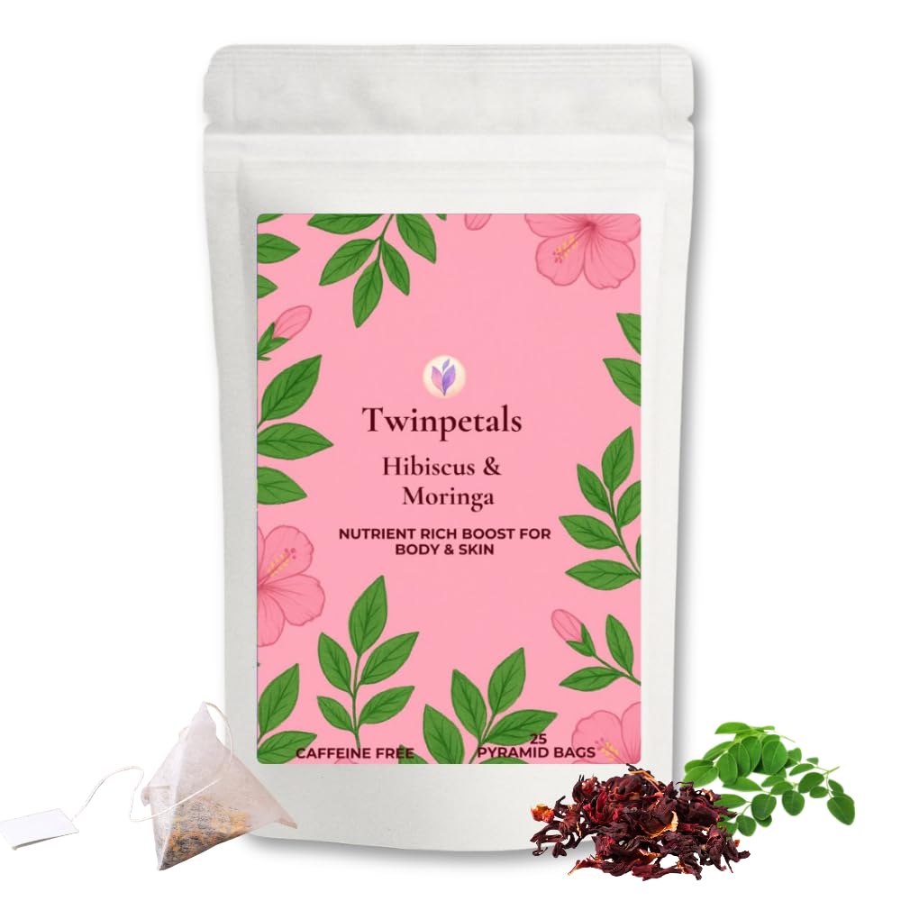

Twinpetals Hibiscus Moringa Tea | 25 Pyramid Tea Bags | All-Natural, Caffeine-Free Herbal Tea | Flower & Leaf Infusion for Iron Support, Hor