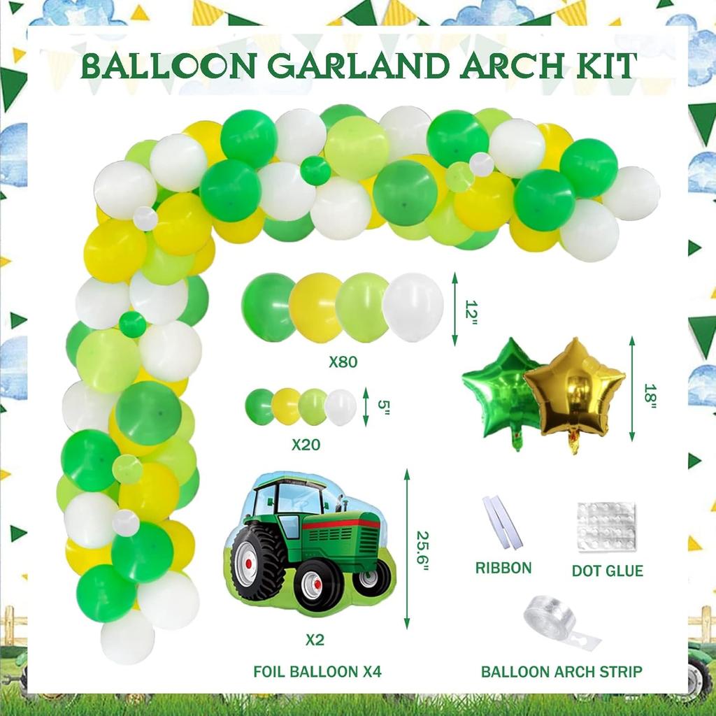 Tractor Birthday Party Decorations, Farm Green Tractor Theme Birthday Decorations Backdrop Balloon Garland Arch Banner Cake Cupcake Topper Tractor