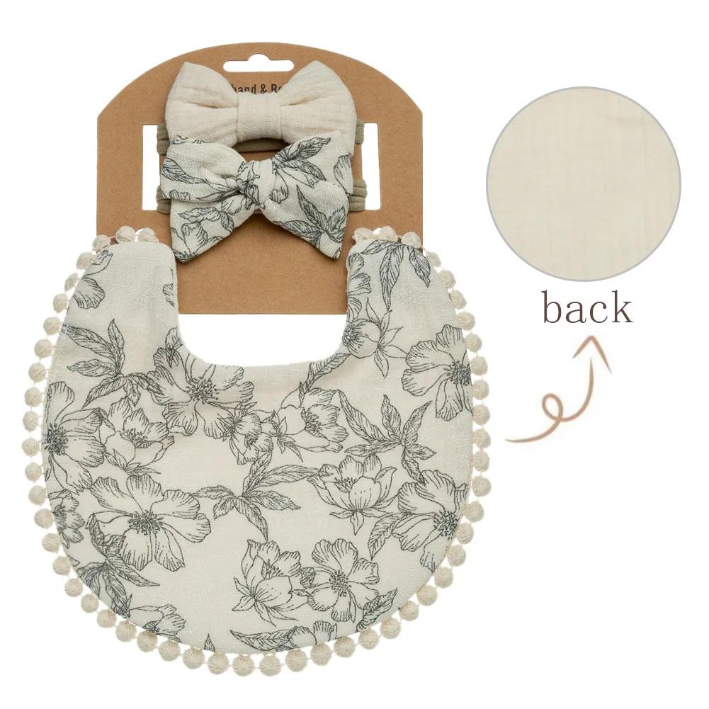 3pcs Sets Baby Bib Bow Headdress Baby Girl Headband Kids Stuff Feeding Bibs Set Bebe Saliva Towel Linen Burp Cloth Newborn Items