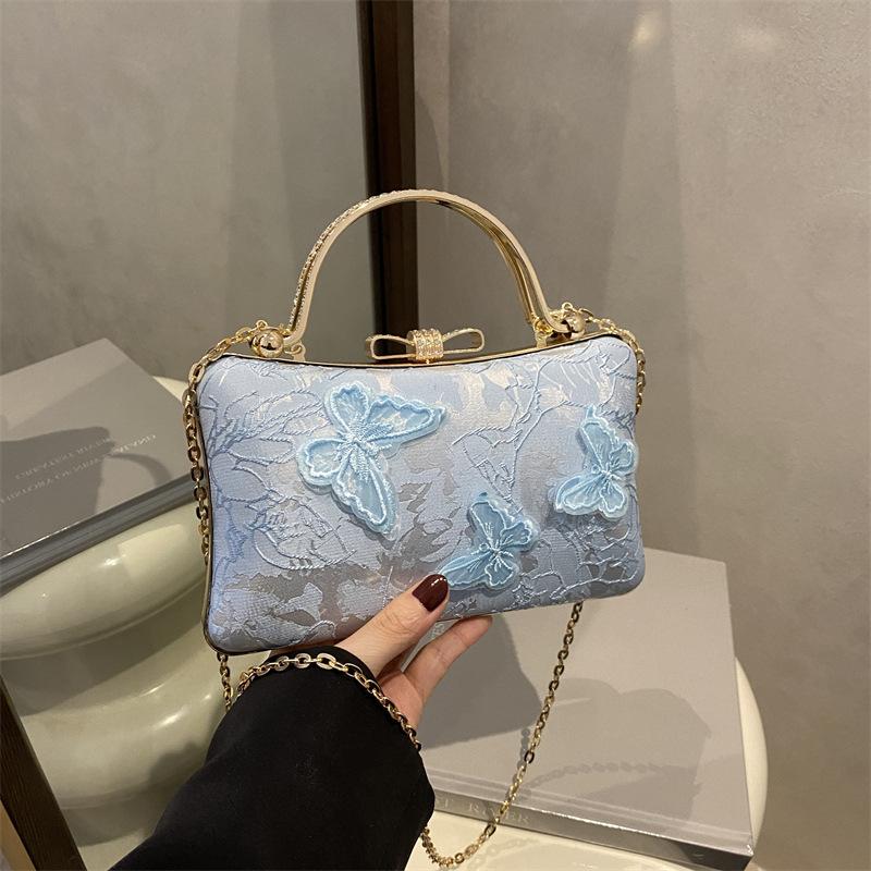 2025 New Women's Bag White Portable Small Square Bag New Chinese Jacquard Sweet Wind Butterfly Bridal Bag Dinner Bag