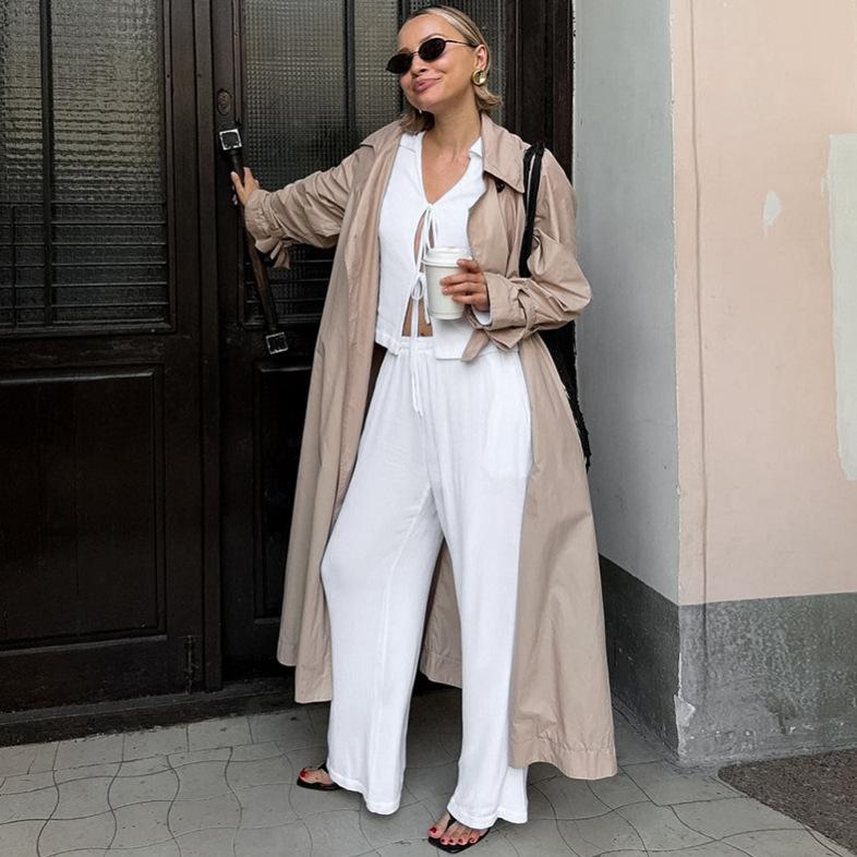 White lapel strap slim shirt high waist straight trousers casual suit 1116 European and American autumn and winter two-piece set women